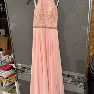 madison james Blush Pink Lace Halter Prom Gown